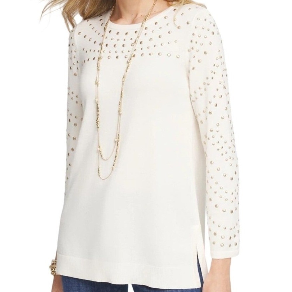 Chicos‎ Sz 2 Gold Studded Soft Crewneck Sweater Tunic Womens Large Cream Top